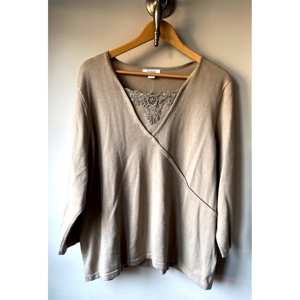 Dress Barn Woman 18/20 Tan Embroidered Lace Pullover Sweater 3/4 Sleeve NWOT